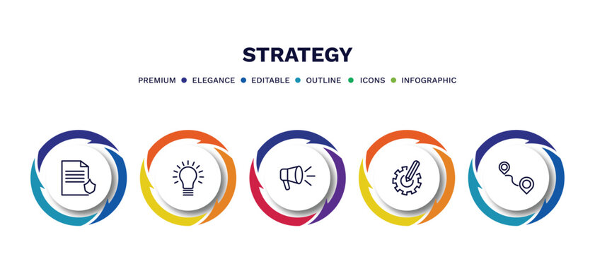 set of strategy thin line icons. strategy outline icons with infographic template. linear icons such as policy, idea, advertising, resource, path vector.