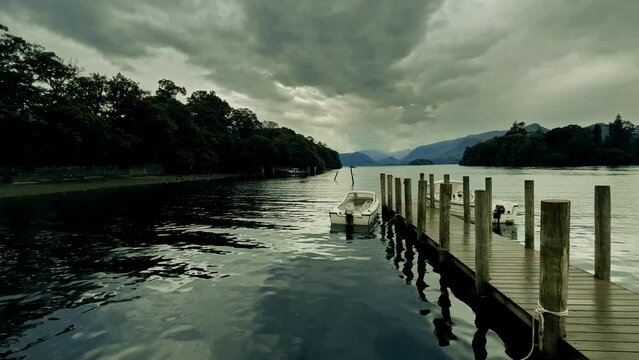 Small pleasure boat moored on a jetty on the cumbrian lake, Derwent Water, in the English Lake District