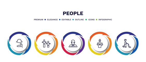 set of people thin line icons. people outline icons with infographic template. linear icons such as sir, team work success, photographer working, man with open lock, man vacuuming vector.