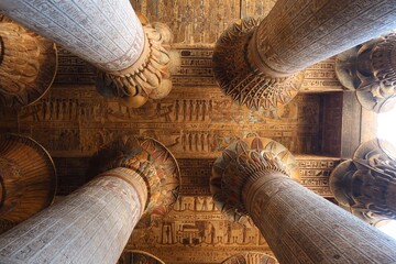 Beautiful colorful inscriptions on the walls and ceiling of Khunum temple in Esna in Luxor