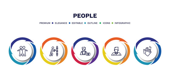 set of people thin line icons. people outline icons with infographic template. linear icons such as hugging, plumber working, radiologist working, waiter working, partners claping hands vector.