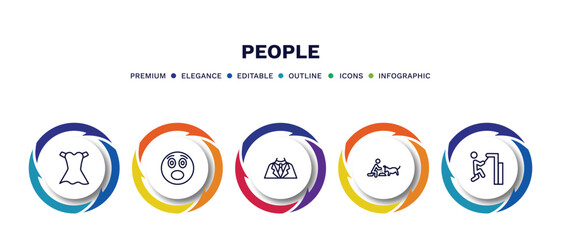 set of people thin line icons. people outline icons with infographic template. linear icons such as women dress, surprised smile, business suit, feeding a dog, helping other to jump vector.