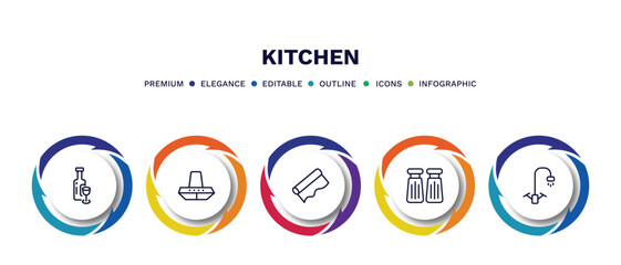 set of kitchen thin line icons. kitchen outline icons with infographic template. linear icons such as wine bottle, extractor hood, aluminum foil, salt and pepper, kitchen tap vector.