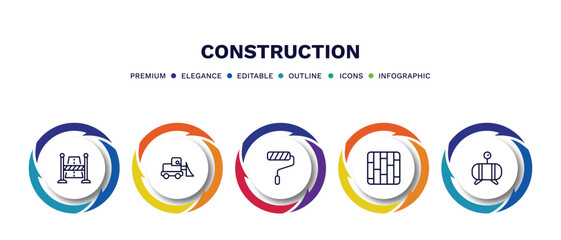 set of construction thin line icons. construction outline icons with infographic template. linear icons such as road stopper, little snowplow, roller and paint, ,