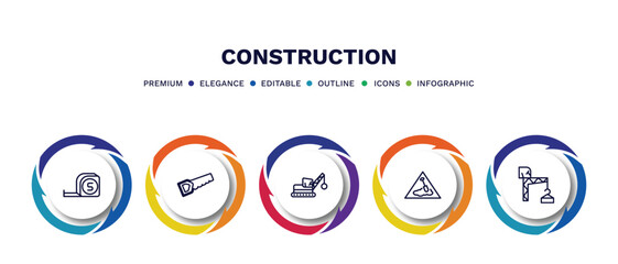 set of construction thin line icons. construction outline icons with infographic template. linear icons such as five meters ruler, big saw, derrick with ball, working, constructions vector.