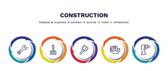 set of construction thin line icons. construction outline icons with infographic template. linear icons such as round wrench, derrick with load, sand brush, , electric drill vector.