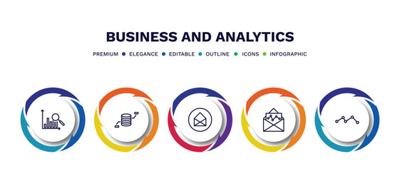 set of business and analytics thin line icons. business and analytics outline icons with infographic template. linear icons such as bars chart analysis, database analysing, business card, email