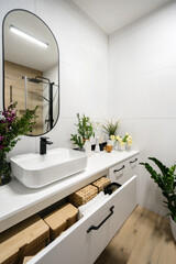 washroom with washbasin, mixer, modern furniture and decor