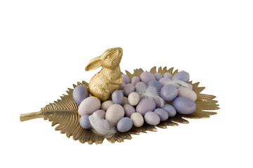 gold Easter bunny rabbit on background with Easter eggs