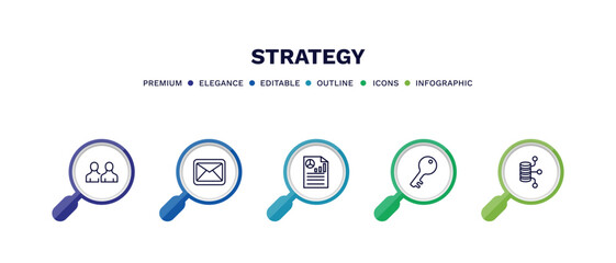 set of strategy thin line icons. strategy outline icons with infographic template. linear icons such as sample, email, report, key, data vector.