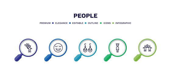 set of people thin line icons. people outline icons with infographic template. linear icons such as man child and balloons, relieved smile, earings, man with crown, succes team vector.