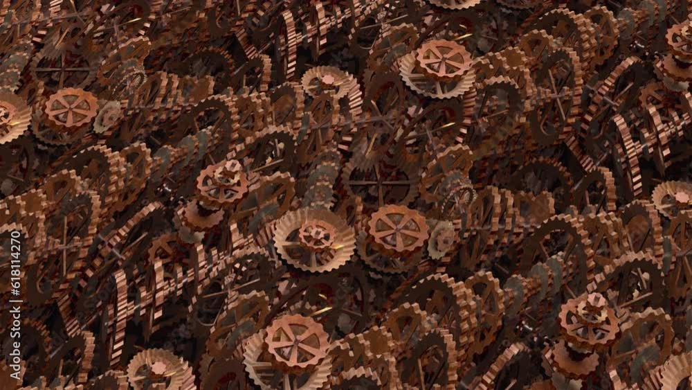 Poster cogs and gears flyover, rust. fly over a pattern of technical rusty cogs, gears and wheels
