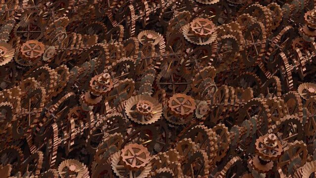 COGS and GEARS Flyover, RUST. Fly over a pattern of technical rusty cogs, gears and wheels