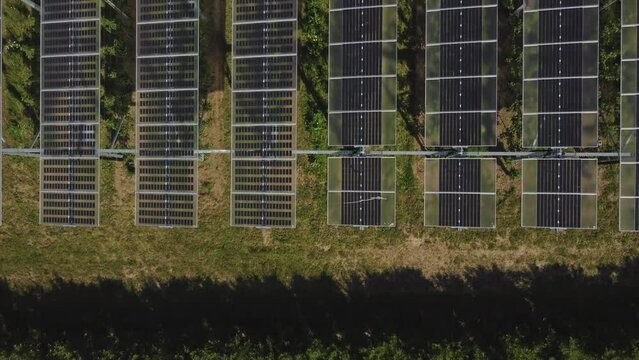 Top Down View Of Photovoltaic Panels In Agricultural Field - drone shot bird's eye