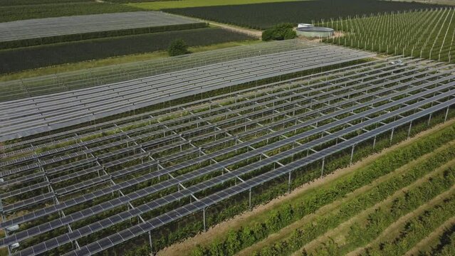 Agrivoltaics Solar Farm For Sustainable Food And Electricity-Production In Grafschaft, Germany. Aerial Arc Shot