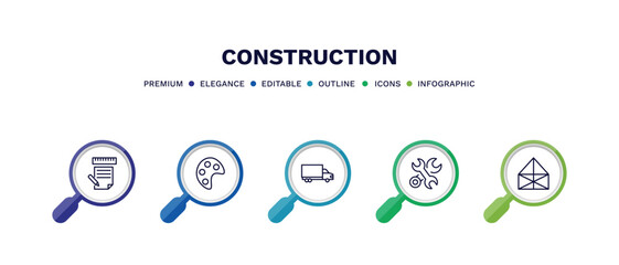 set of construction thin line icons. construction outline icons with infographic template. linear icons such as measures plan, pallete, truck with freight, ,