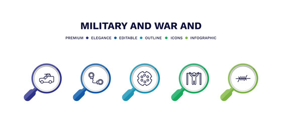 set of military and war and thin line icons. military and war outline icons with infographic template. linear icons such as army car, pair of handcuffs, chamber, pull up, barbed wire vector.