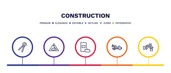 Fototapeta premium set of construction thin line icons. construction outline icons with infographic template. linear icons such as clippers, working, , truck with crane, adjustment system vector.