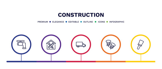 set of construction thin line icons. construction outline icons with infographic template. linear icons such as stopcock, interior de, truck with freight, two screws, construction palette vector.