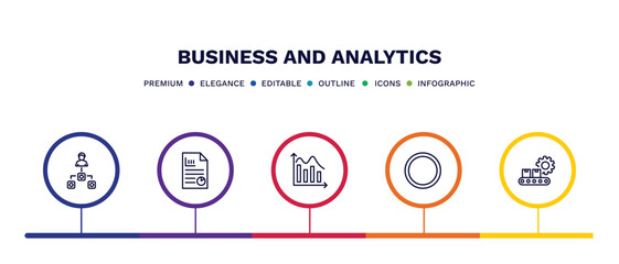 set of business and analytics thin line icons. business and analytics outline icons with infographic template. linear icons such as department head, business plan, data wave, dot, production vector.