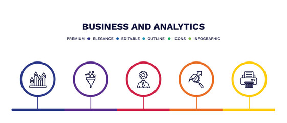 set of business and analytics thin line icons. business and analytics outline icons with infographic template. linear icons such as mortgage statistics, funneling data, business skills, stock data