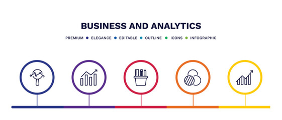 set of business and analytics thin line icons. business and analytics outline icons with infographic template. linear icons such as data analytics circular, stock market, supplies, value chart,