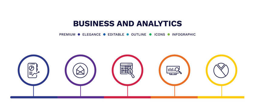 set of business and analytics thin line icons. business and analytics outline icons with infographic template. linear icons such as mobile stock data, business card, binary data search, analytics