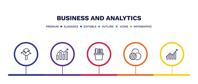 set of business and analytics thin line icons. business and analytics outline icons with infographic template. linear icons such as data analytics circular, stock market, supplies, value chart,