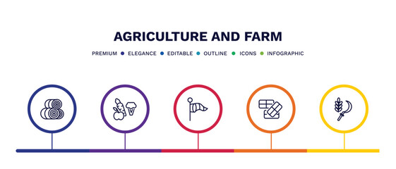 set of agriculture and farm thin line icons. agriculture and farm outline icons with infographic template. linear icons such as hay roll, vegetable, vane, bale, harvest vector.