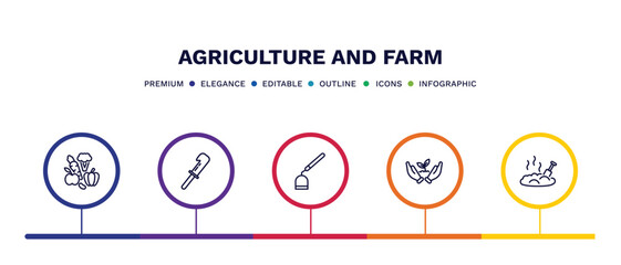 set of agriculture and farm thin line icons. agriculture and farm outline icons with infographic template. linear icons such as vegetables, billhook, hoe, planting, manure vector.