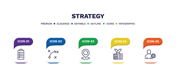 set of strategy thin line icons. strategy outline icons with infographic template. linear icons such as planning, strategy, positioning, visitor, admin vector.