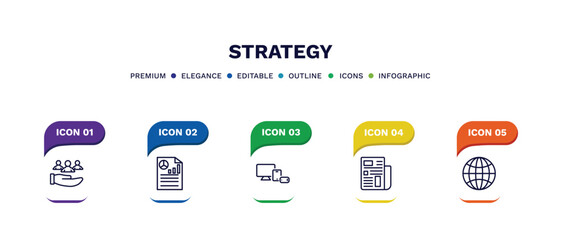 Fototapeta na wymiar set of strategy thin line icons. strategy outline icons with infographic template. linear icons such as customer, report, responsive, newspaper, website vector.