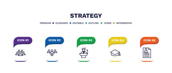 set of strategy thin line icons. strategy outline icons with infographic template. linear icons such as teamwork, leader, conference, graduation, resume vector.