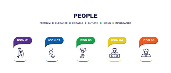 set of people thin line icons. people outline icons with infographic template. linear icons such as playing with a rope, man with money, men carrying a box, ceo man, man company vector.