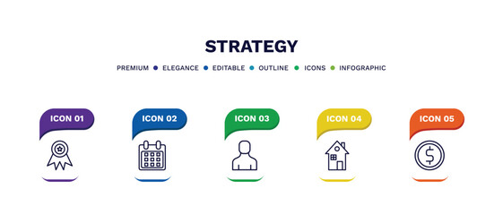 set of strategy thin line icons. strategy outline icons with infographic template. linear icons such as winner, calendar, avatar, house, money vector.