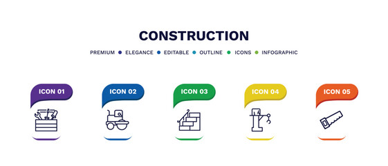 set of construction thin line icons. construction outline icons with infographic template. linear icons such as tool bag, , stairs with handle, big derrick with boxes, wood saw vector.