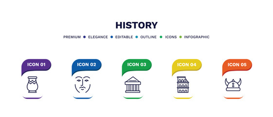 set of history thin line icons. history outline icons with infographic template. linear icons such as vase, face, ancient, colosseum, viking helmet vector.
