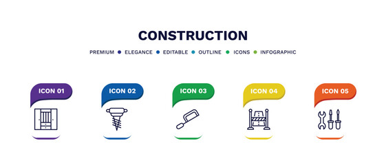 set of construction thin line icons. construction outline icons with infographic template. linear icons such as big clo, pickaxes drilling, , road stopper, three tools vector.