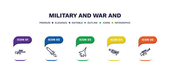 set of military and war and thin line icons. military and war outline icons with infographic template. linear icons such as sniper rifle, torpedo, jet, grenade launcher, rifle vector.