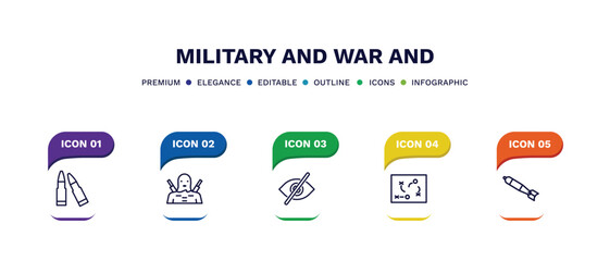 set of military and war and thin line icons. military and war outline icons with infographic template. linear icons such as two bullets, guerrilla, stealth, strategy, airplane bomb vector.