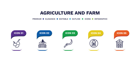 set of agriculture and farm thin line icons. agriculture and farm outline icons with infographic template. linear icons such as fruit, farm products, sickle, pesticide, shed vector.