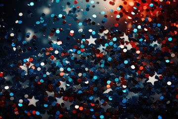 Fototapeta na wymiar Background of red, white, and blue sparkling glitter scattered with shiny stars confetti. 4th of July celebration background. Generative AI