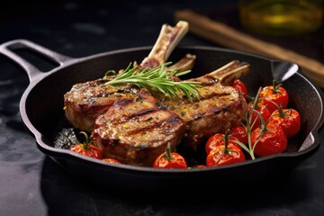 Fototapeta premium Grilled lamb chop on cast iron pan. Generative AI