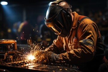 Fototapeta na wymiar Industrial Metal Welding. Masked worker. Generative AI
