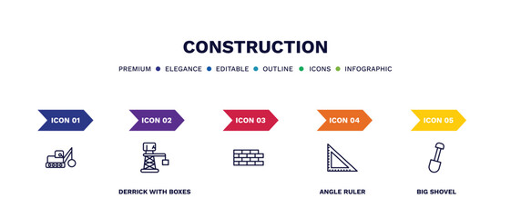 set of construction thin line icons. construction outline icons with infographic template. linear icons such as , derrick with boxes, angle ruler, big shovel