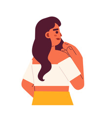 Beautiful brunette woman looking excited semi flat colorful vector character. Indian lady pleased. Editable half body person on white. Simple cartoon spot illustration for web graphic design