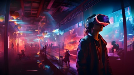 Immersive virtual reality space, where lines of code morph into AI-driven machinery, creating an otherworldly atmosphere with vibrant and saturated film. Generative AI