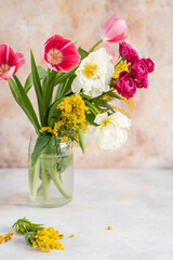 Glass vase with bouquet of beautiful tulips and mimosa in the light background