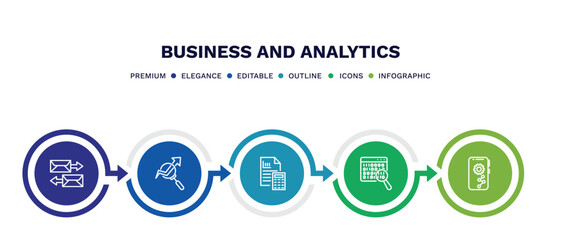 set of business and analytics thin line icons. business and analytics outline icons with infographic template. linear icons such as correspondence, stock data analysis, accounting, binary data