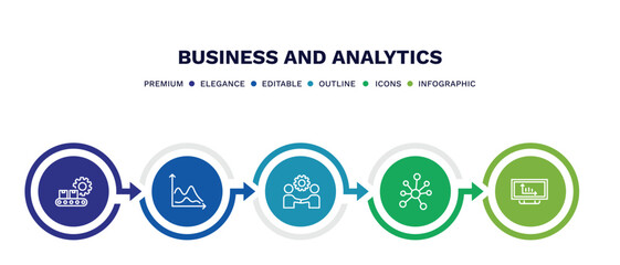 set of business and analytics thin line icons. business and analytics outline icons with infographic template. linear icons such as production, wave chart, partnership, connected data, bars graphic
